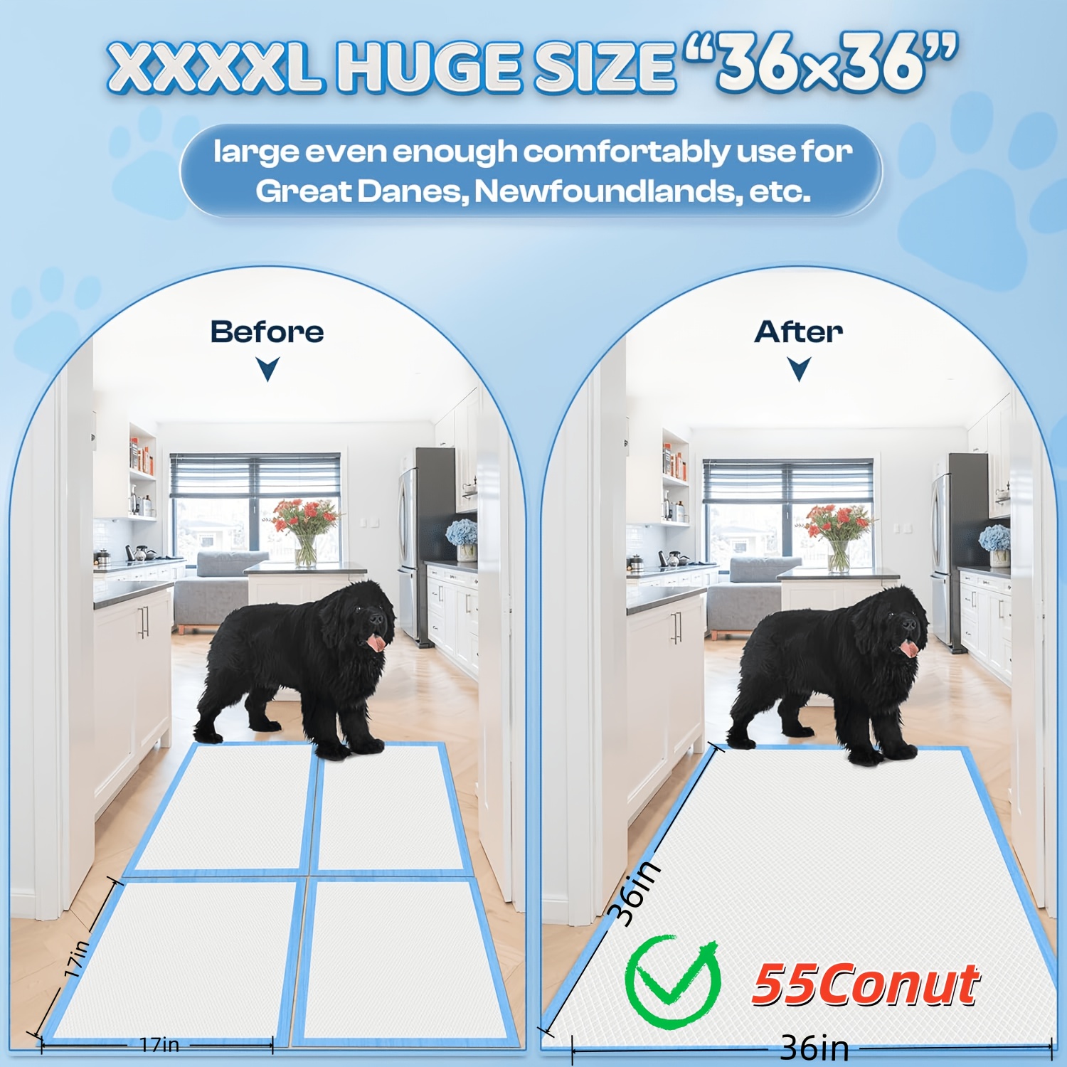 Upgraded Super Absorbent & Leak-proof 6-layer Puppy Pads, 55-count, 36&times;36 Inches. Super Absorbent Dog Pee Pads, Disposable Potty Pads, Extra Large For Puppies, Surgery, Cats, Rabbits