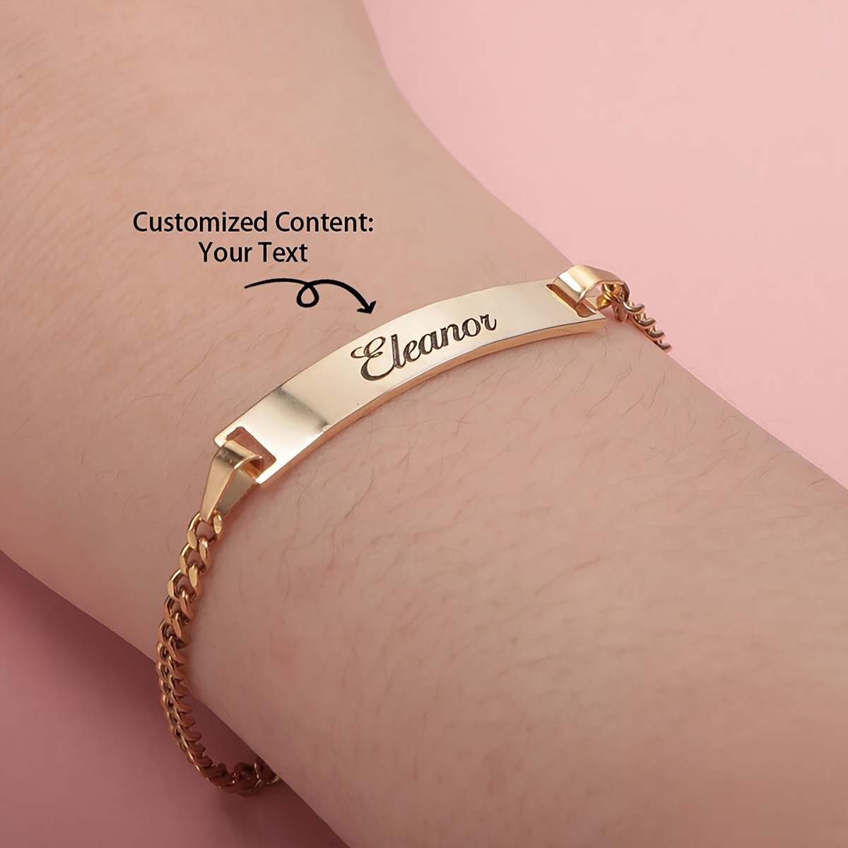 E-shop Personalisiertes Mode-Bar-Armband, 18k vergoldetes Edelstahl Cuban Link Armband mit gravierbarem englischen Namen, schlichtes elegantes