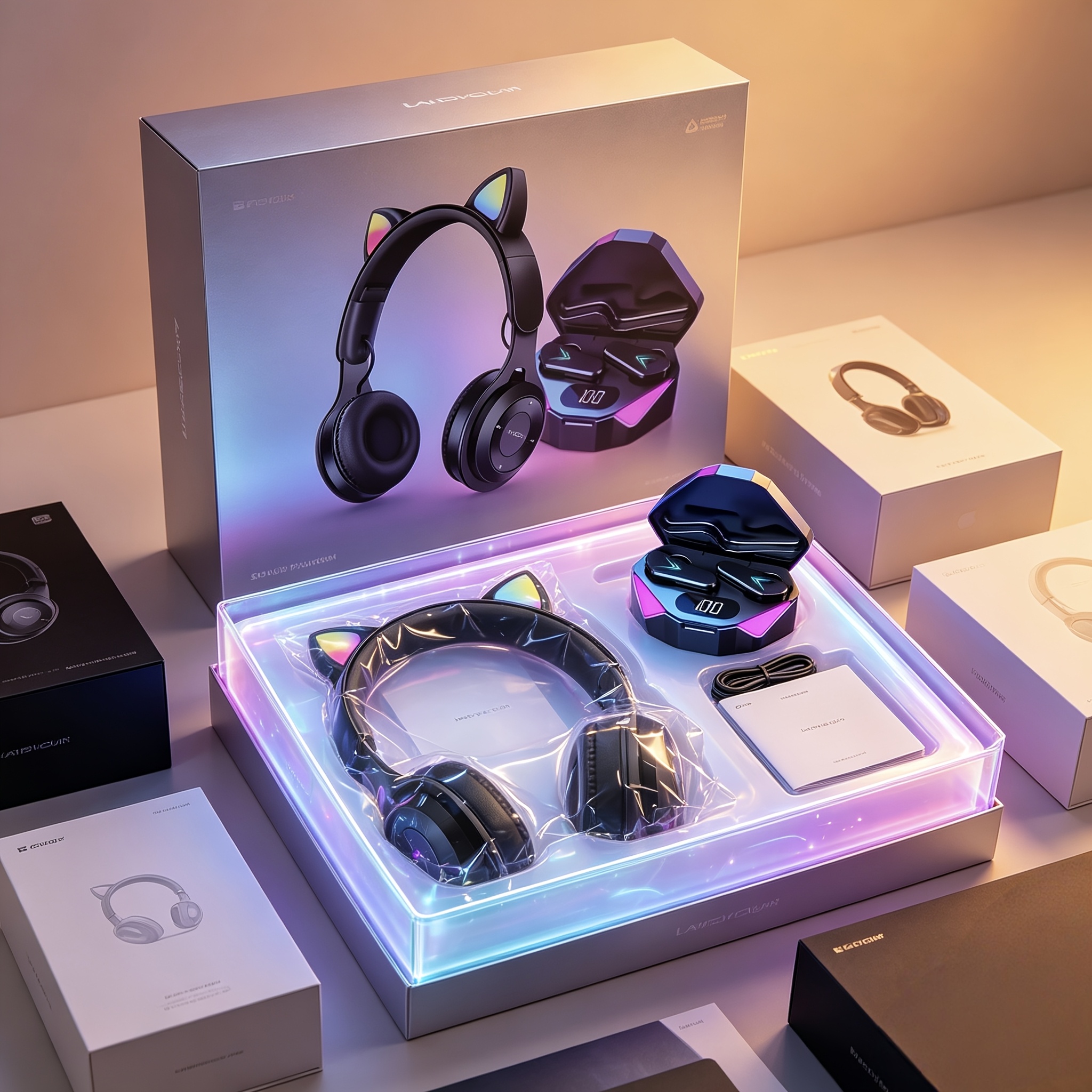 TEMU Sets: 1 Black Wireless Headset +1 Black Glowing Cat Ear Headset, Wireless Headset Gaming Headset Light With Microphone, Cat Ear Headset Gamer