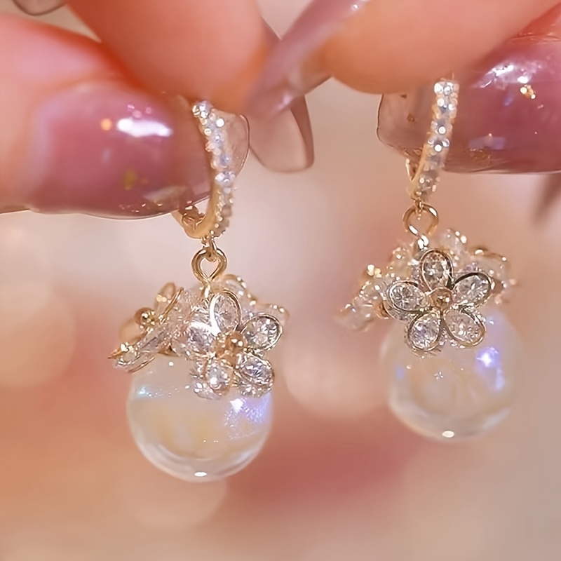 

Stylish Pearl And Zirconia Flower Pendant Earrings - Fashion Accessories For Any , Perfect Gift