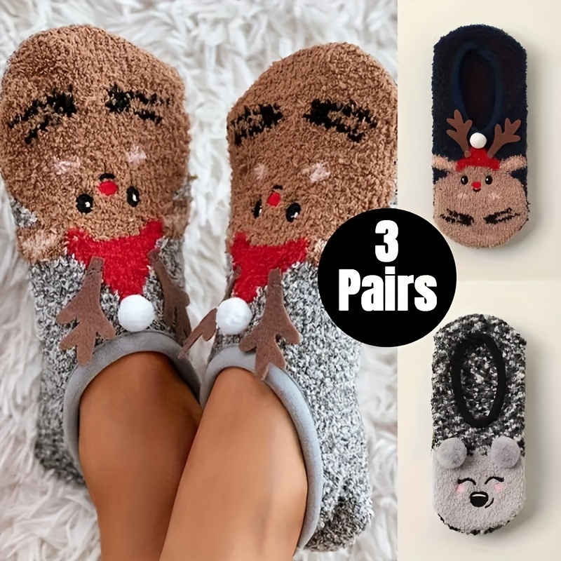 

3 Pairs Christmas Elk Slippers, Anti-slip Thickened Fuzzy Warm Indoor Home Socks For Fall & Winter, Women's Stockings & Hosiery