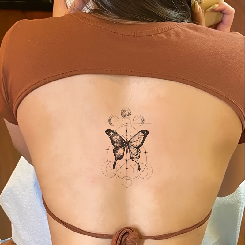 1pc black simple element geometric moon butterfly waterproof temporary tattoo sticker black pattern for arm women men details 1