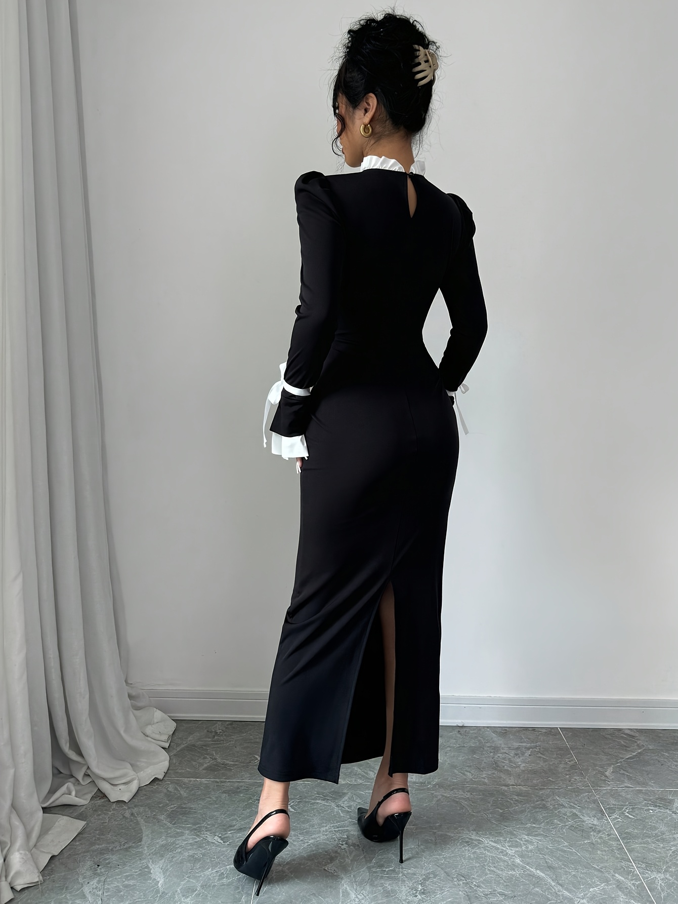 elegant solid color a line dress with round neck long sleeves bow accent     a line dress for weddings parties fall winter events machine washable dress in neutral colors black 4