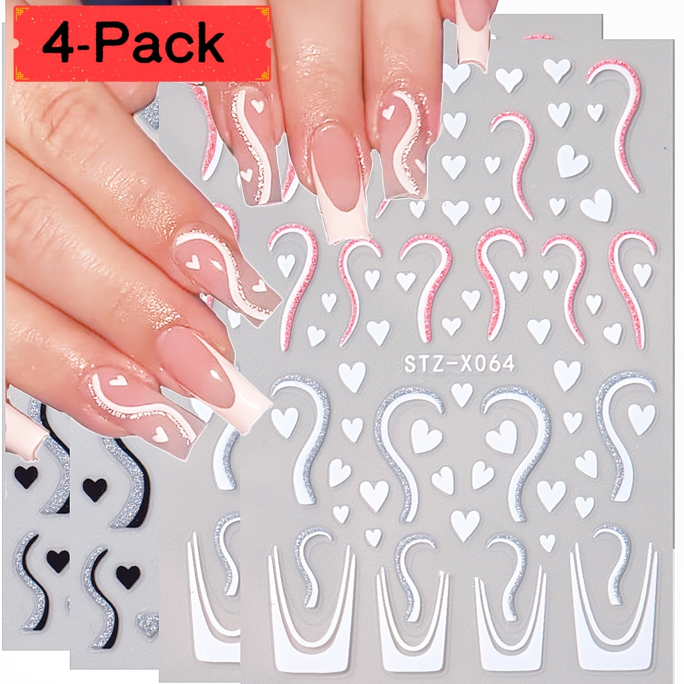 

4pcs Valentine's Day Nail Art Stickers Set - 3d Self-adhesive Black & White Hearts With French , Sparkle , For Women, Heart Nail Stickers, Romantic,