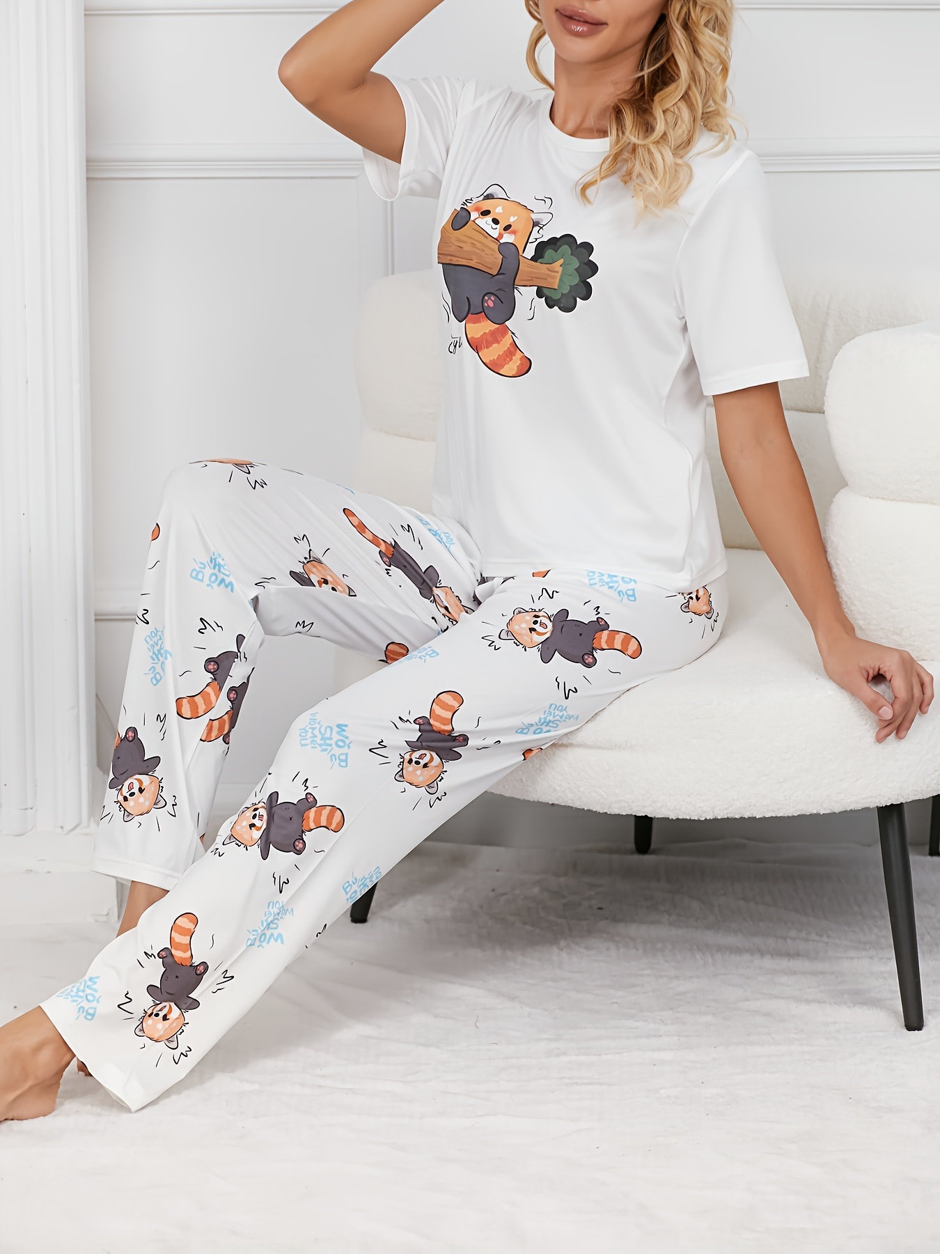 Cute Raccoon Print Pajama Set Short Sleeve Round Neck Top - Temu Canada