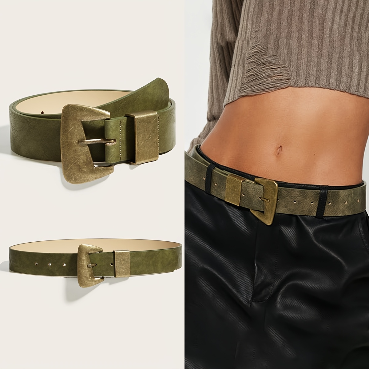 E-shop 1 Olivgrüner Retro Streetwear Frühlings-Damen-Gürtel, bronze-farbener, speziell geformter Einzelspitzen-Schnallen-Gürtel, passend zu T-Shirts,