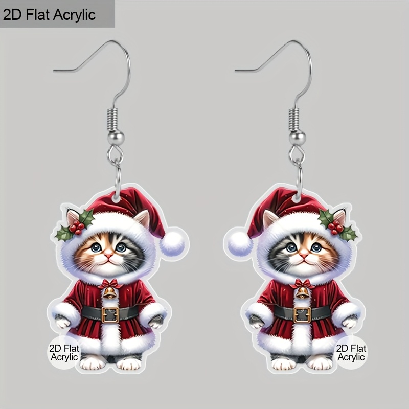 TEMU 2d Flat, 1 Pair Of Christmas Santa Hat Kitten Acrylic Earrings For Women Hypoallergenic Holiday Party Favors