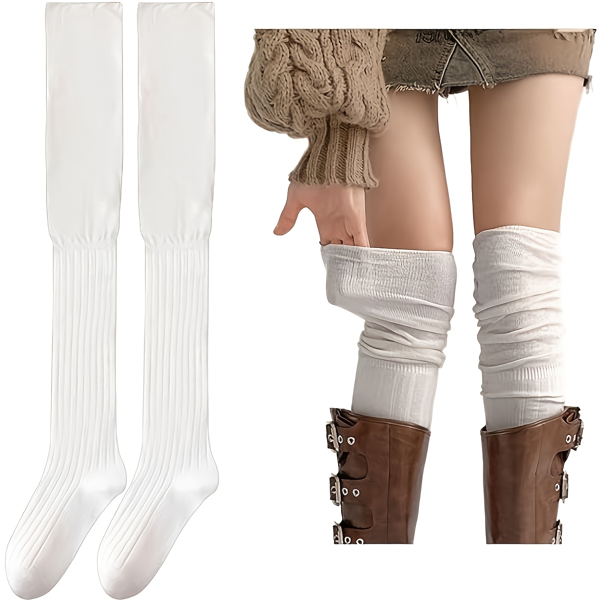 TEMU 1 Pair Women's Warm Socks Vertical Socks Stacked Socks Over The Knee Socks Long Socks Thin Non-slip Stockings Spring And Summer Thin Section