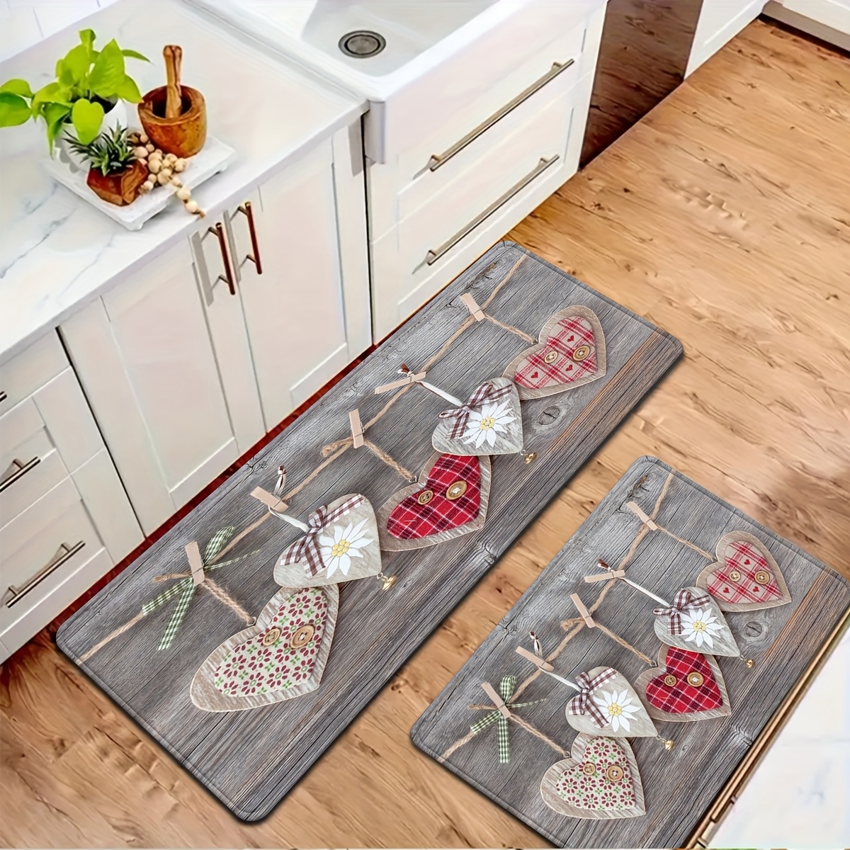 TEMU 1pc/2pcs, Dokriy, Décorations Fête des Mères, Tapis de Sol de Cuisine Antidérapant, Ensemble de Tapis de Cuisine, Style Nordique Coeur Grain de