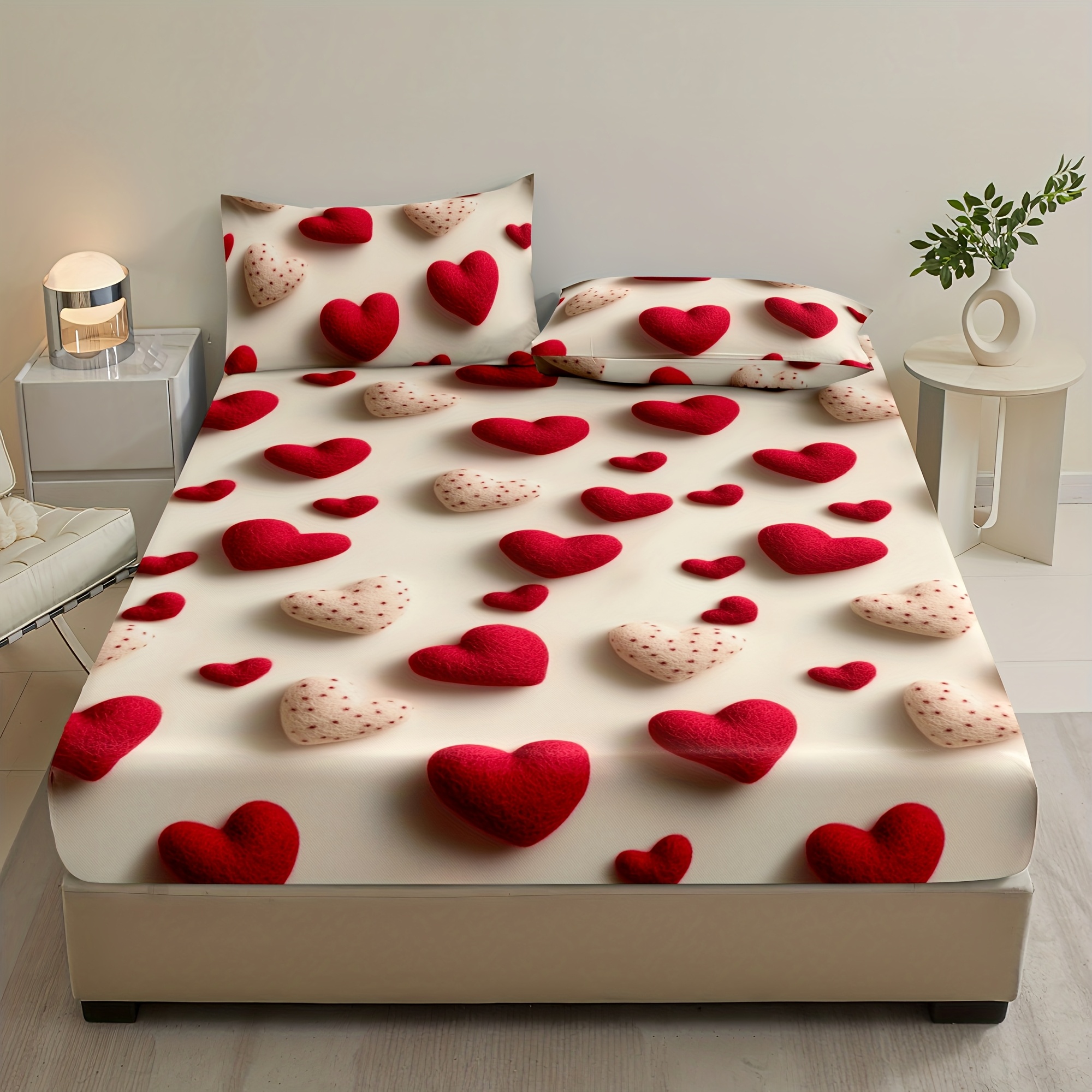 TEMU 3pcs Set Fashionable Romantic Red Heart / 2 Pillowcases / 1 Fitted Sheet / Twin Bed / Full Bed / Queen Bed / King Bed, Soft And Skin-friendly /