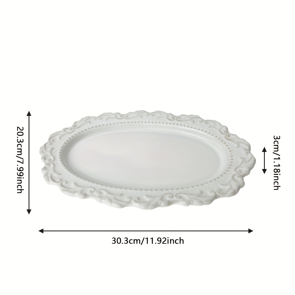 TEMU 1pc Oval White Ceramic Plate With Scalloped Edge & Embossed Detailing - Elegant Durable Serving Dish For Spaghetti With Broccoli, Pasta, Salads,