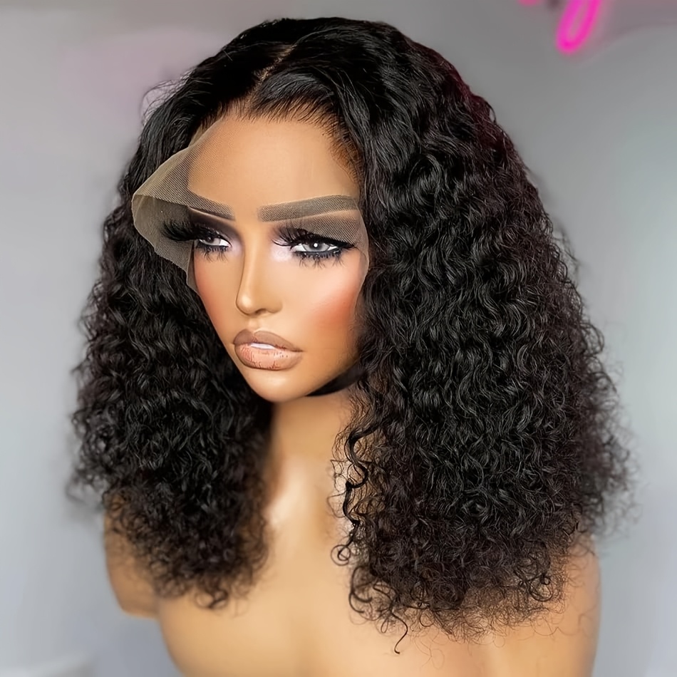 TEMU Chic 16" Black Curly Wig For Women - Short, Lace Front With Closure, Heat Resistant Fiber, - Christmas, Holiday & Date Nights