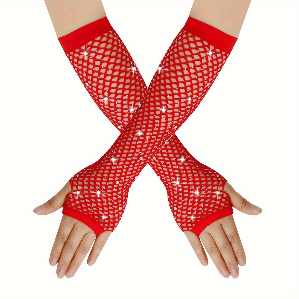 2pcs Rhinestone Party Mesh Net Elastic Gloves
