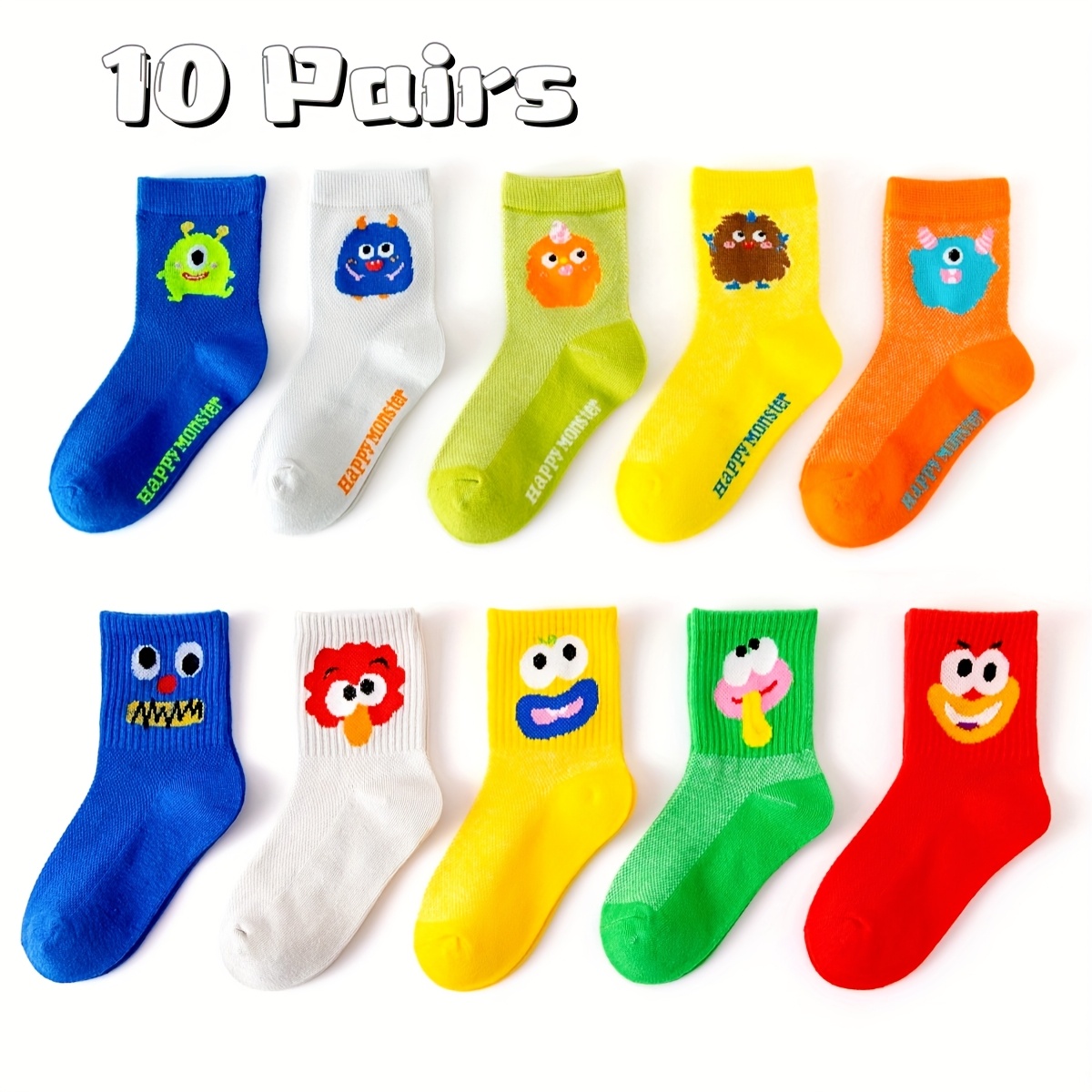 Image of 10 Pairs Boys' Monster-themed Sports Socks - Cute Color-changing-like Effect (no Dye) With , Dinosaur & Pirate Characters - Ankle-knee-length- (machine Washable) - Birthday Party Favors & Running