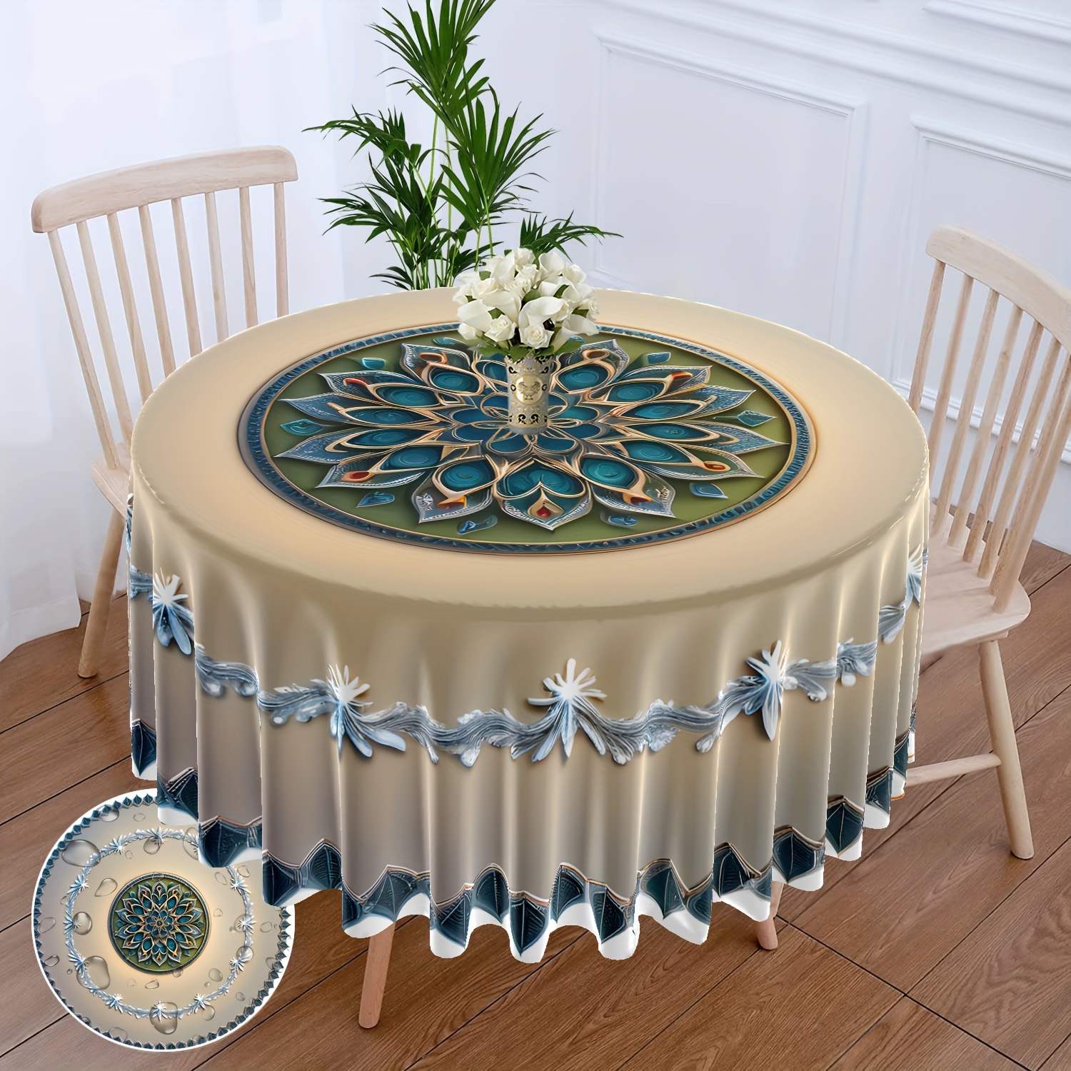 

Vintage Blue Floral Round Tablecloth - Waterproof, Colorful Patio & Dining Decor, Versatile For Bbqs, Picnics, And Parties, 63 Inch