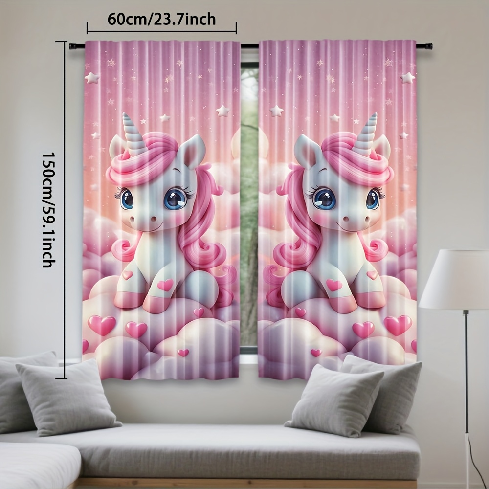 TEMU 2pcs, Polyester Material, Artistic Decoration, Cute Unicorn Cloud Dream Print, Light Filtering Curtains, Suitable For Bedroom, Living Room,