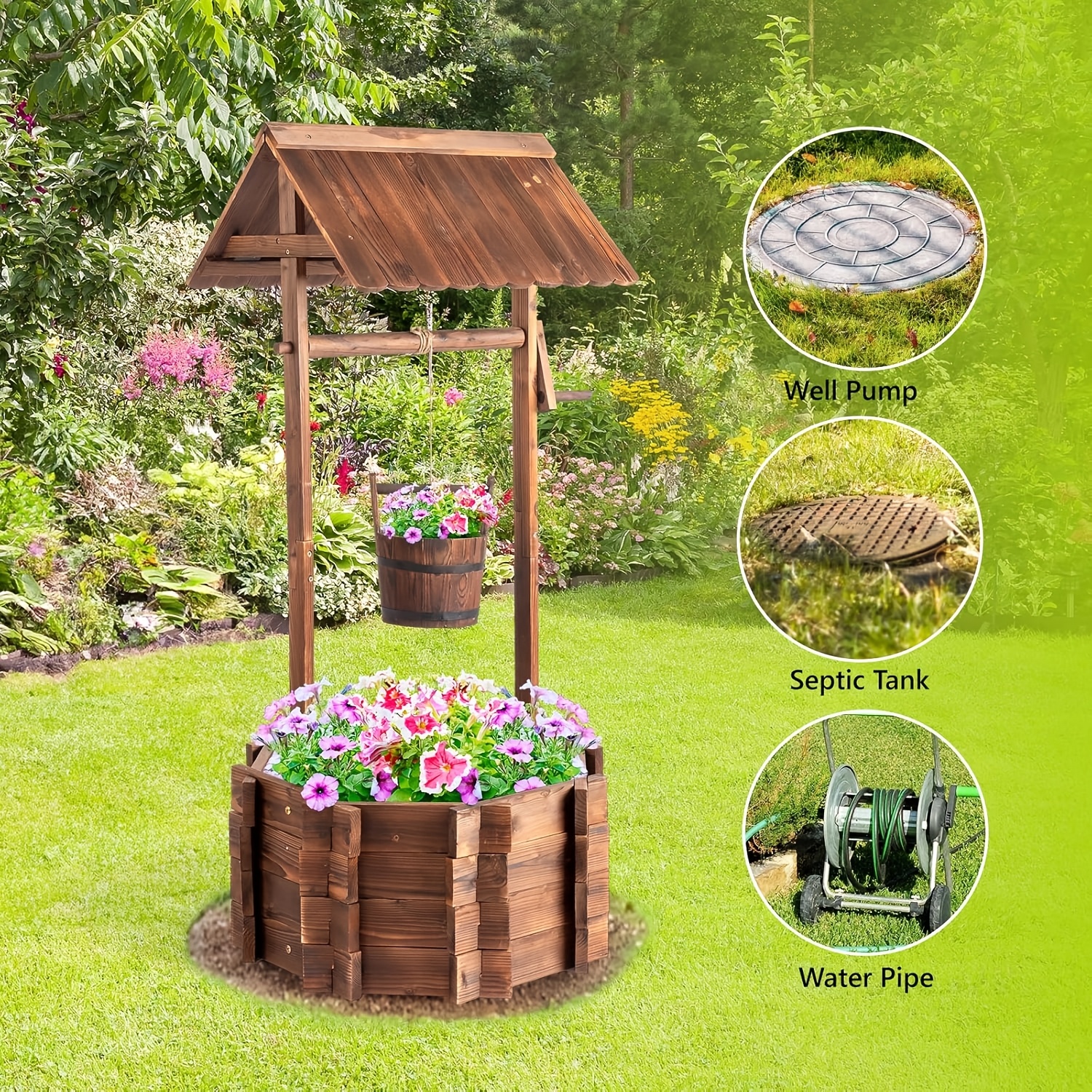 TEMU Wooden Planter In Of A For Gardens, Rustic Featuring A Hanging Bucket For Flowers, Decorative Planter For Yards, Patios, And Lawns, Ideal For
