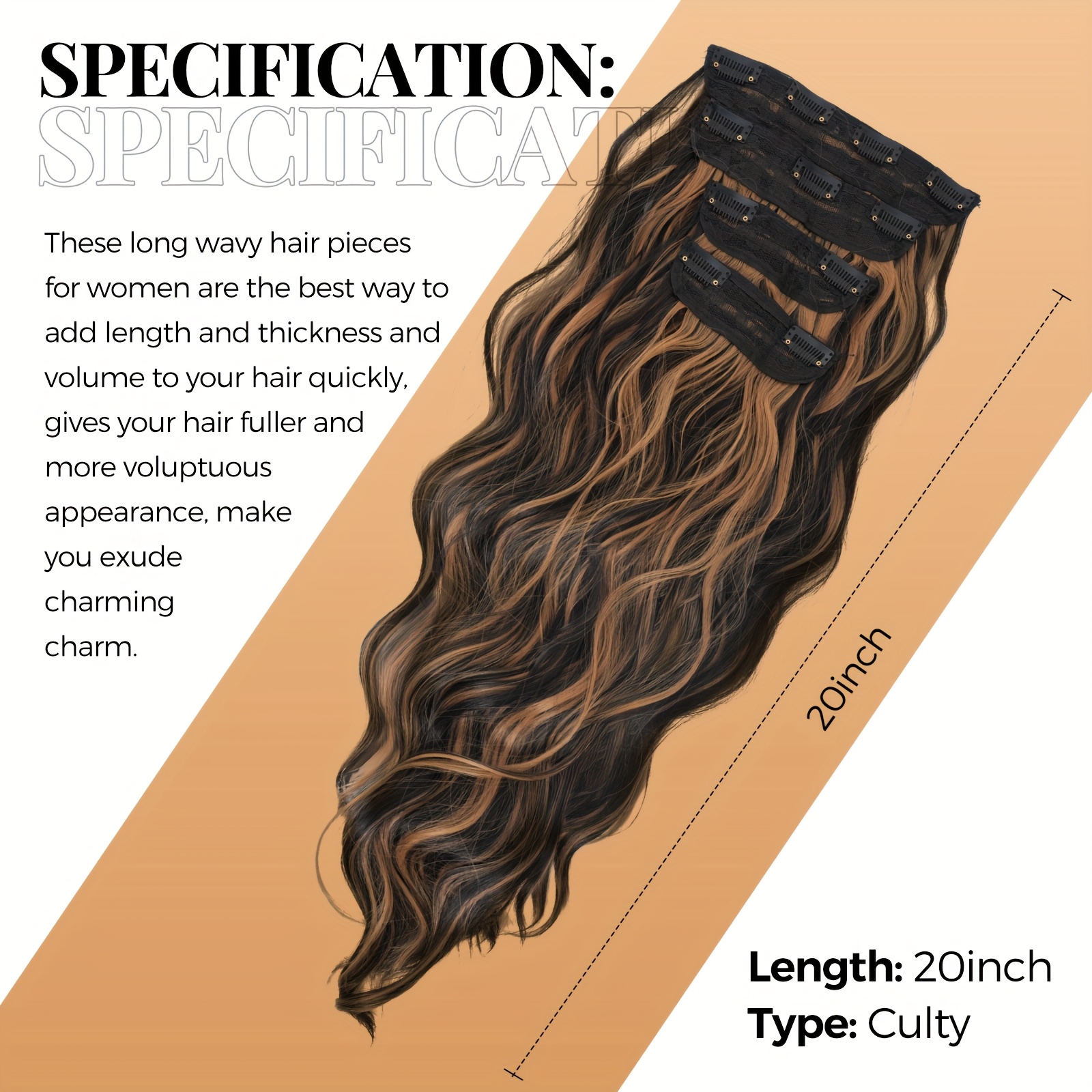 4pcs   clip in hair extensions 20 inch long wavy dark brown with golden highlights thick heat resistant synthetic hairpieces with 2 bb clips storage bag for women all   details 1