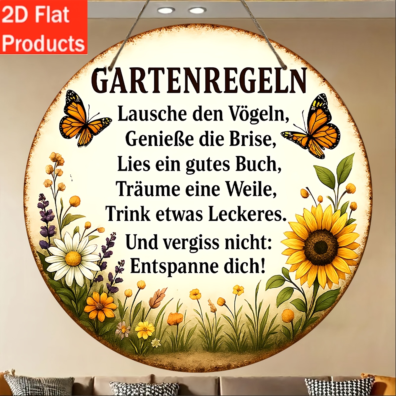 E-shop 2D Flat - 2D FLAT, . Dekoratives Holzschild & Plakette - Vintage Deutsch Text Gartenregeln Schild mit Schmetterling & Sonnenblume für