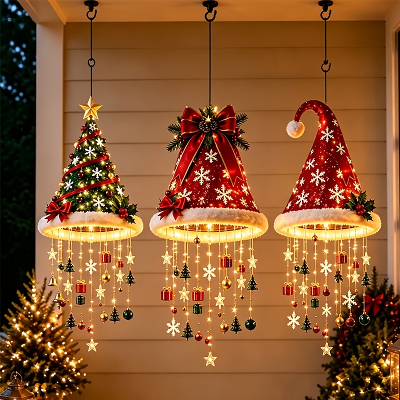 TEMU 3pcs Christmas Hanging Light Decor, Led Christmas Tree & Curved Santa Hat, Big Bow Christmas Bell, Holiday Decoration For Indoor Home, Festive