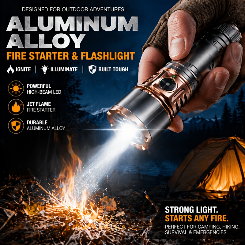 TEMU Aluminum Alloy Flashlight For Outdoor Fire-starting Usefitted With Lens, Tactical Adjustable Beam & Ultra-long Battery Lifeideal For Wilderness