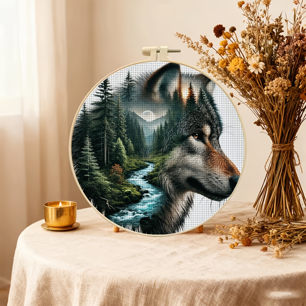Wolf Head Forest Landscape Cross Stitch Embroidery Hoop Kit