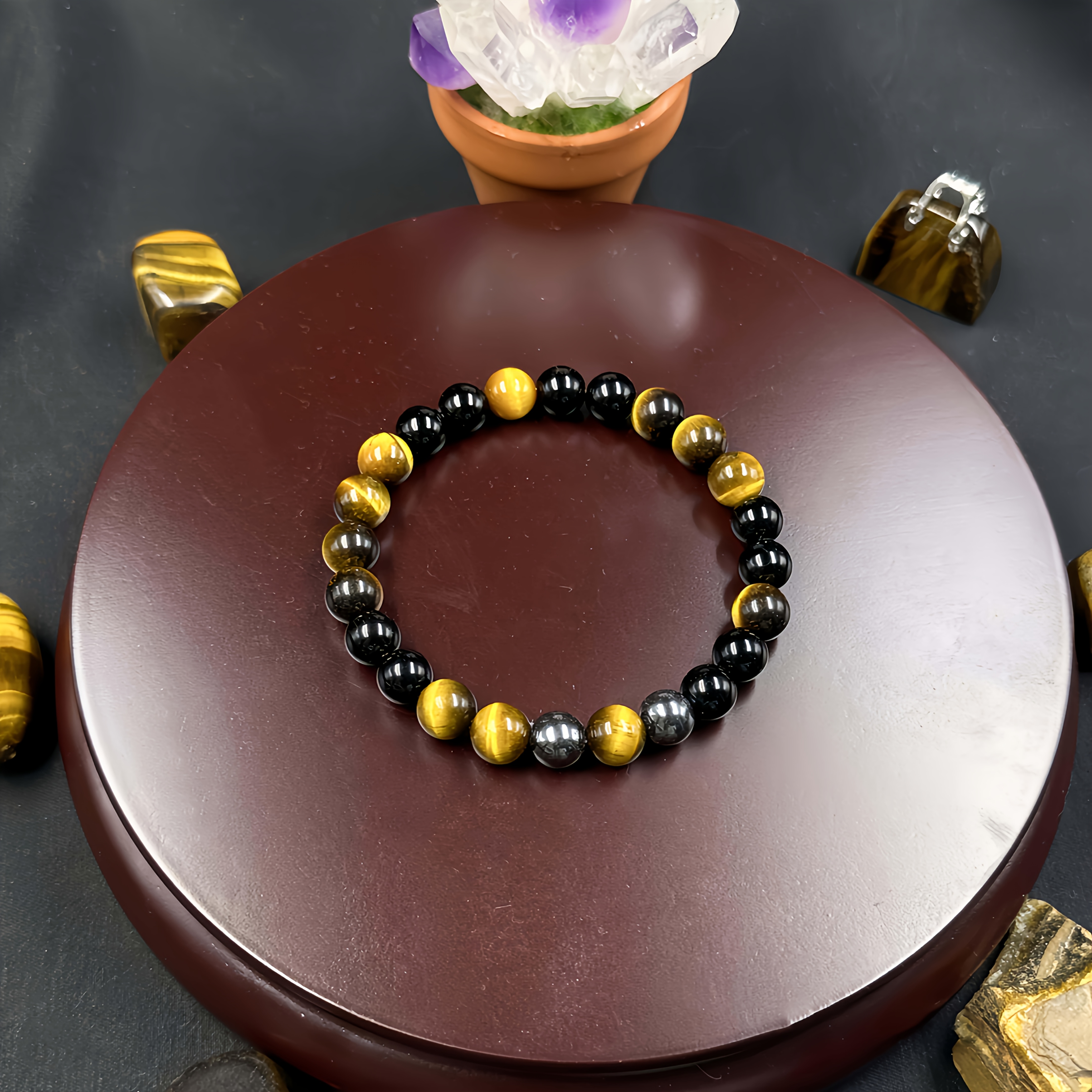 TEMU 1pc Natural Tiger Eye Stone Bracelet, Hematite & Obsidian Beads, High-quality Gemstone Jewelry, Unisex, Unscented, Ideal Gift For
