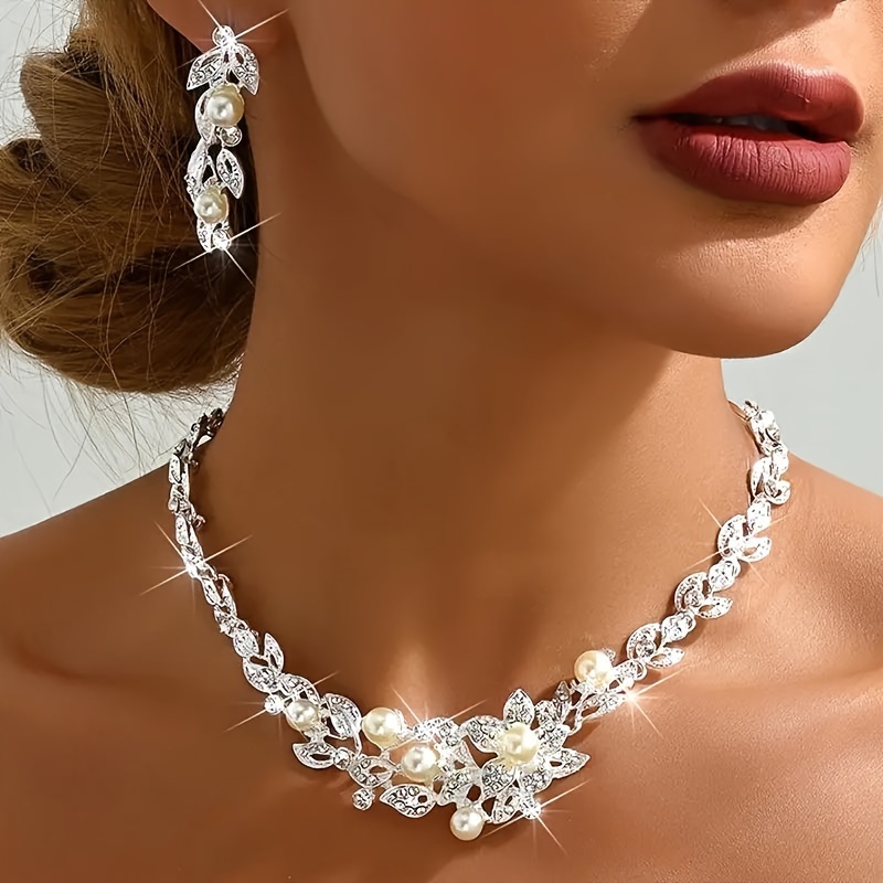 

Elegant Bridal Jewelry Set - Vintage Bohemian Style Alloy & Pearl Necklace And Earrings Duo, Or Gifting, Wedding Accessories