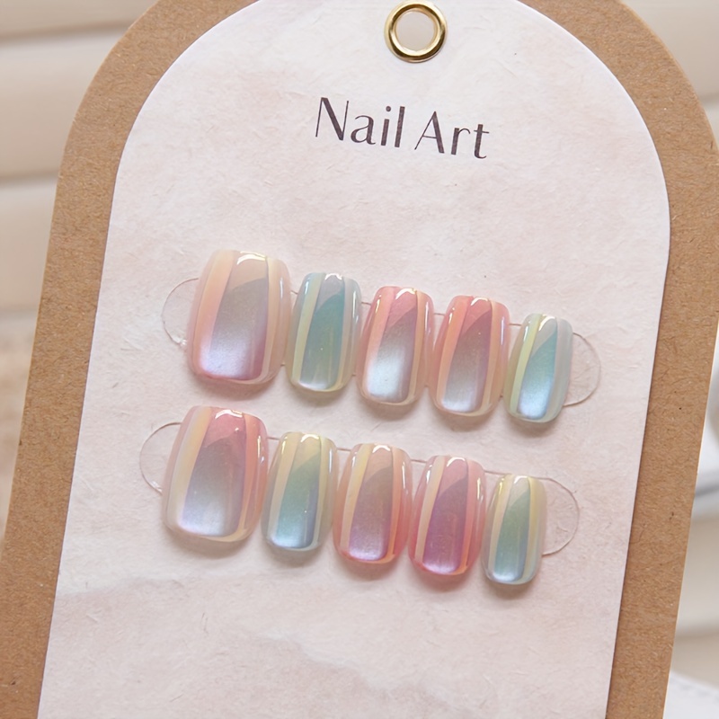 

10pcs Nail Forms Mixed Color Tone Gradient Cat Eye Candy Color Ballet Shape Short Length With Glossy Finish - Removable Wearable Nail Art Set