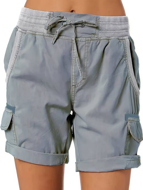 womens plus size black cargo shorts with drawstring waist flap pockets and side casual summer and spring wear durable polyester fabric high waisted shorts