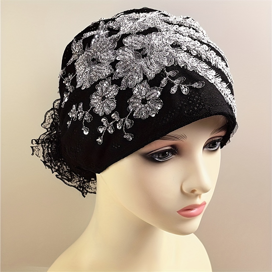 

New Women's Hat Sequin Embroidered Decorative Turban Hat, Fashion Lace Hairband Turban Hat, Outdoor Hat For Spring Summer Fall Daily Matching