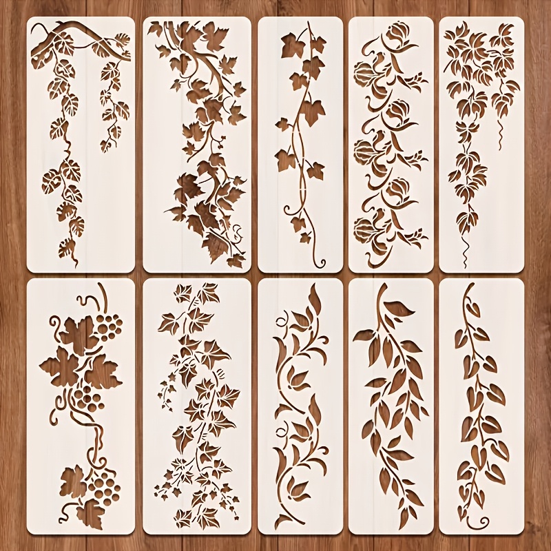 TEMU 10pcs Pack 10pcs Reusable Stencil Templates - Suitable For Wood, Canvas, Furniture & Wall Art With Grapevine, Ivy, Floral Patterns, Leaf Shapes