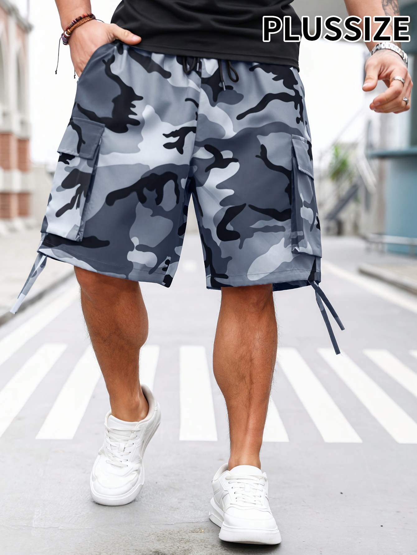 Men's Plus Size Camouflage Cargo Shorts - Elastic Waist with Adjustable Drawstring, Multiple Pockets, Regular Fit Casual Outdoor Shorts for Casual Attire, Camouflage Shorts, Comfortable Fashion, Durable Design, Summer Wear, Geometric Pattern, Nonstretch Fabric, Big And Tall, PLUS SIZE