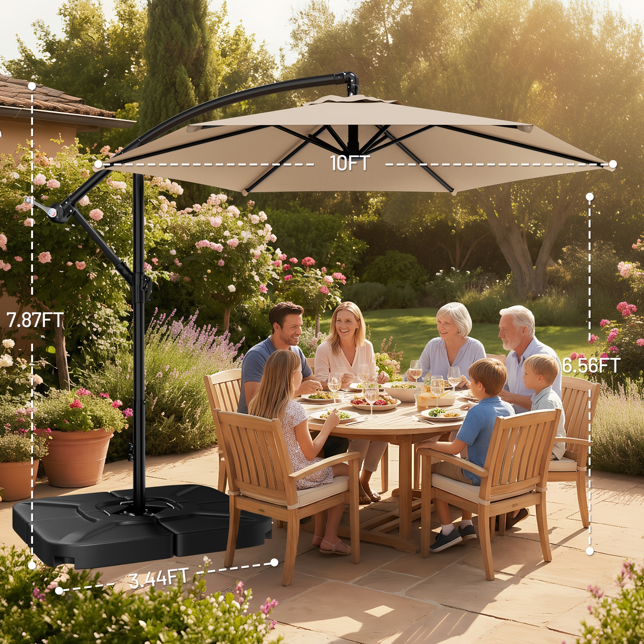 10-Foot Cantilever Patio Umbrella Featuring an Infinite Tilt Mechanism, Offset Outdoor Umbrella with a Cross Base, Durable Crank Lift Market Umbrella Suitable for Yards, Gardens, And Decks (Weighted Base Sold Separately)