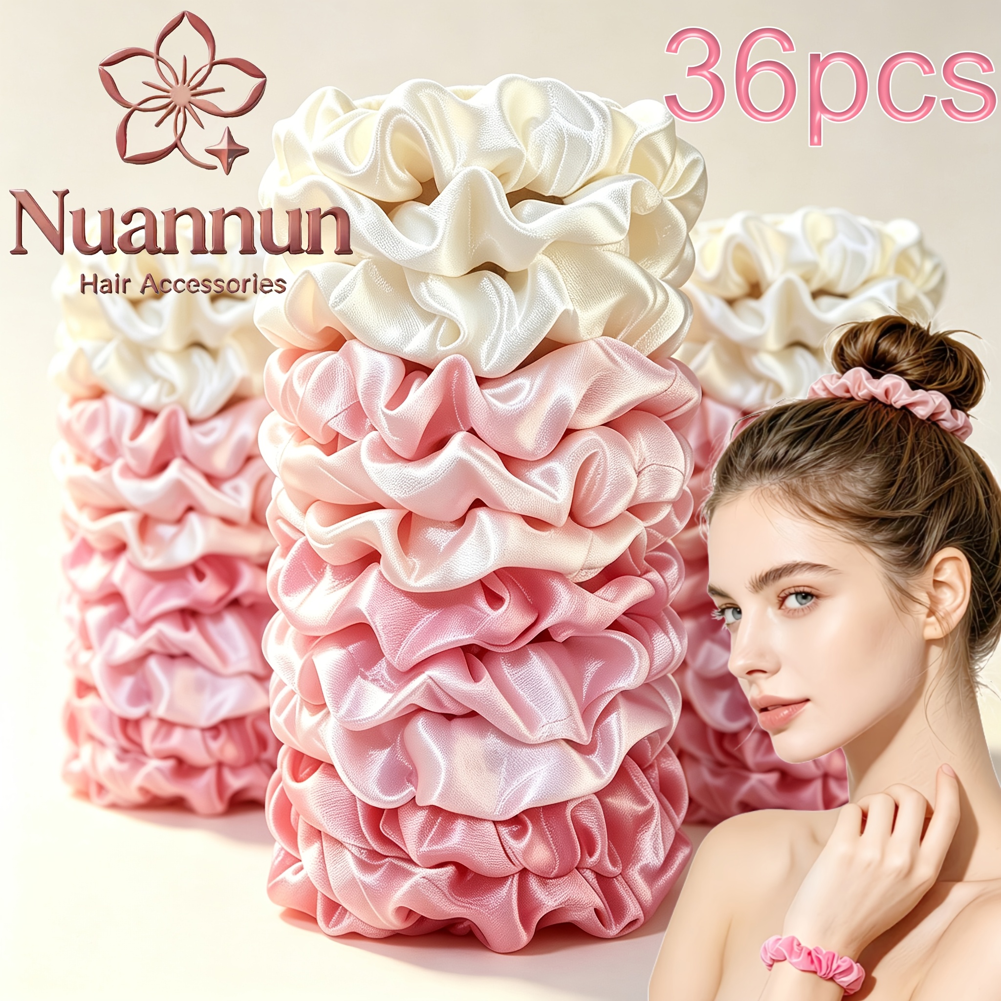 TEMU 36pcs Pink Series High-value Sweet Simple Versatile Satin Pleated Small Hair Ties, High Elasticity, Hair-friendly, For High-low Ponytails And