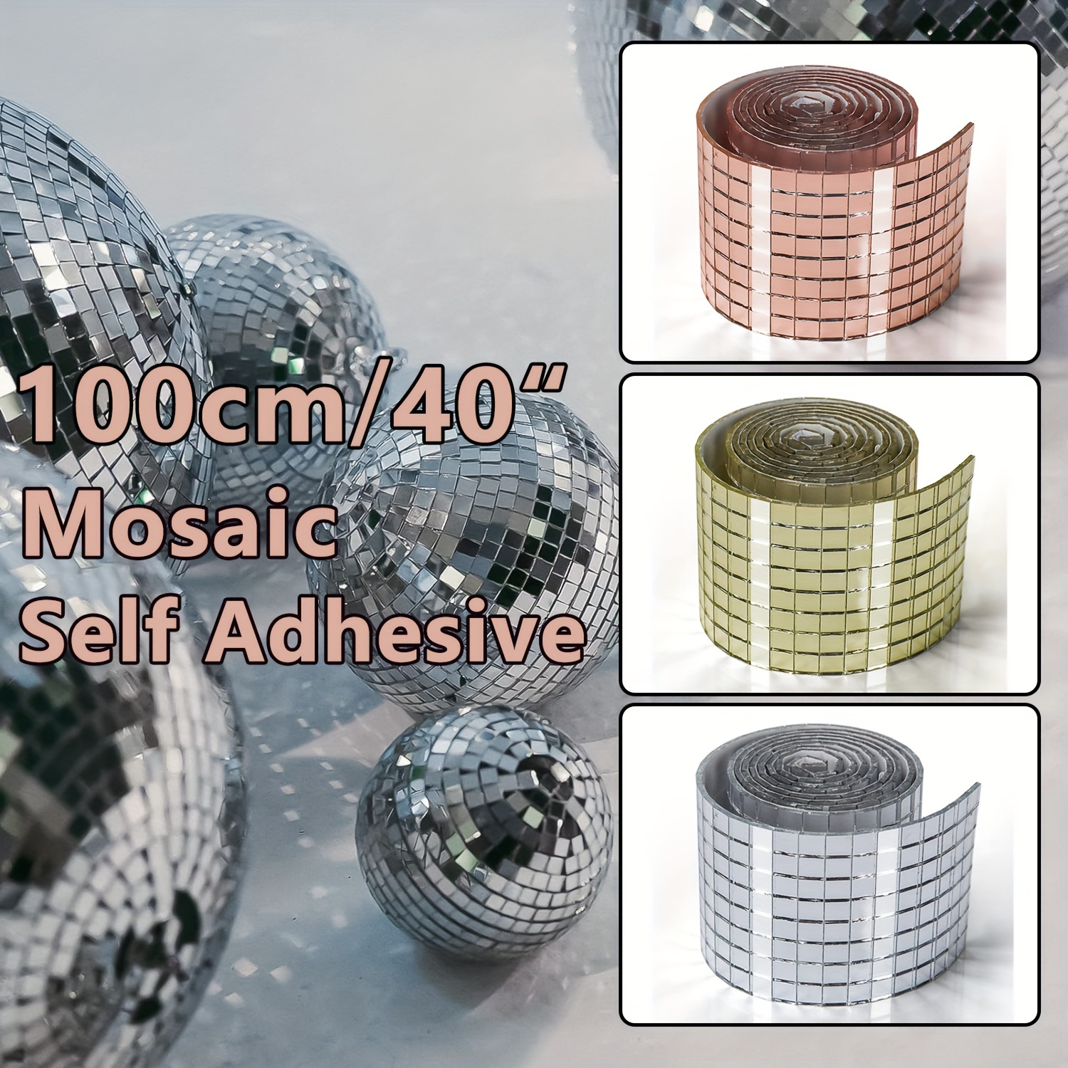 

100cm/40in Self-adhesive Mosaic Tiles: 5x5mm Silver, Champagne, And Rose Golden Decorative Wall Stickers For Diy Disco Balls And Mosaic Art Projects