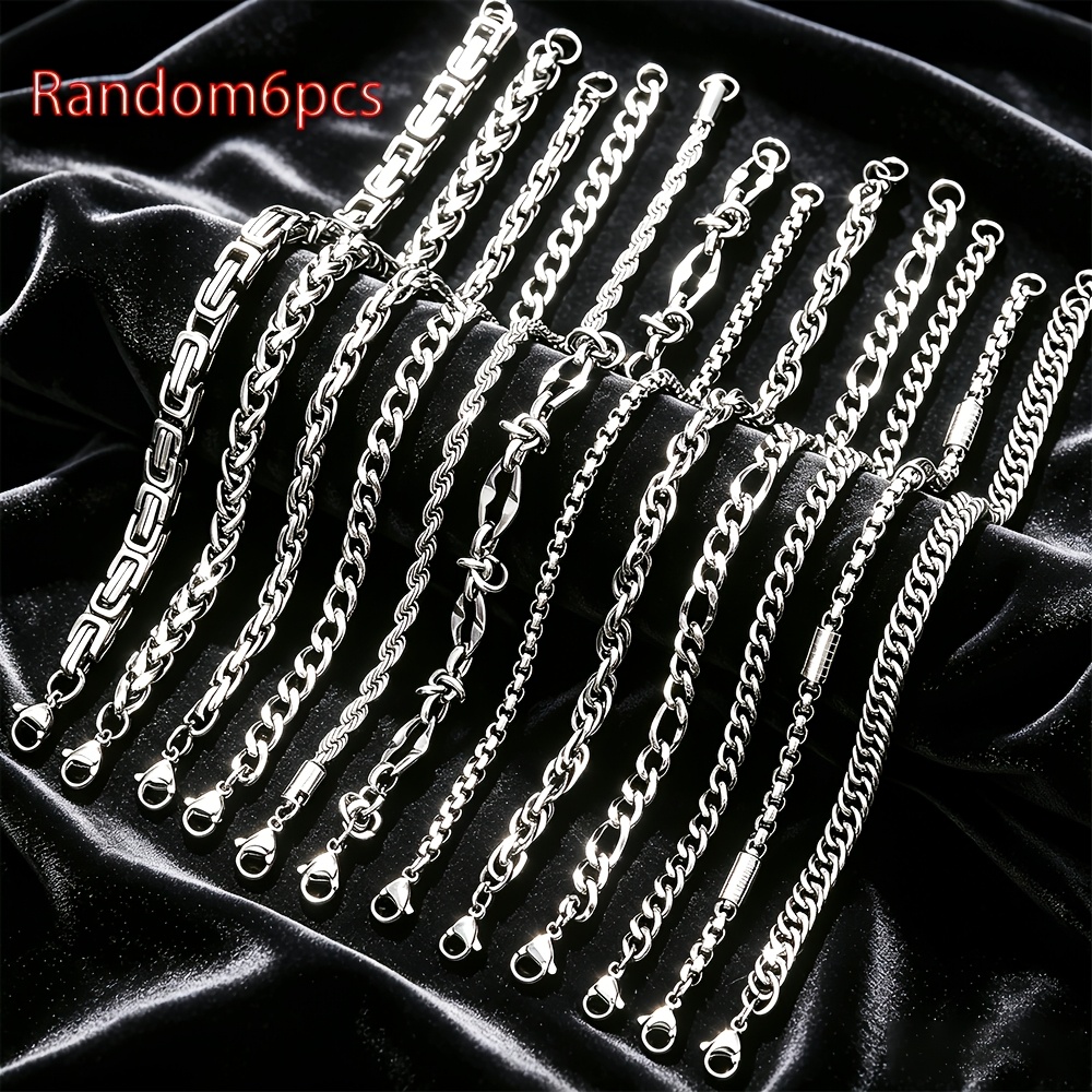 conjunto aleatório de 6 pulseiras chunky hip-hop para homem em aço inoxidável 304, pulseira em  , pulseira  , corrente de moda, joias punk rock para festa, joias duráveis para   a dia, presente de festival, presente de dia do pai para ele/namorado