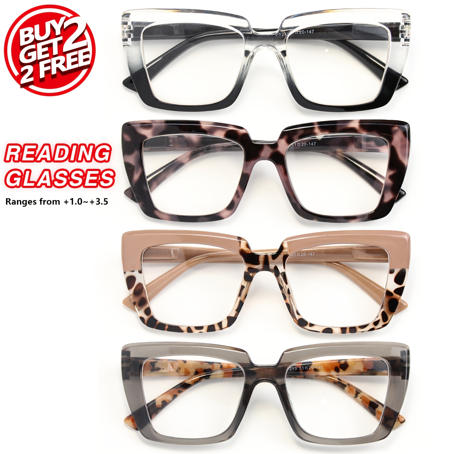 item picture A Set of 4 Stylish Oversized Reading Glasses with Comfortable Spring Hinges, Featuring Unique Trendy Colors to Match Your Daily Outfits, Open in new tab.