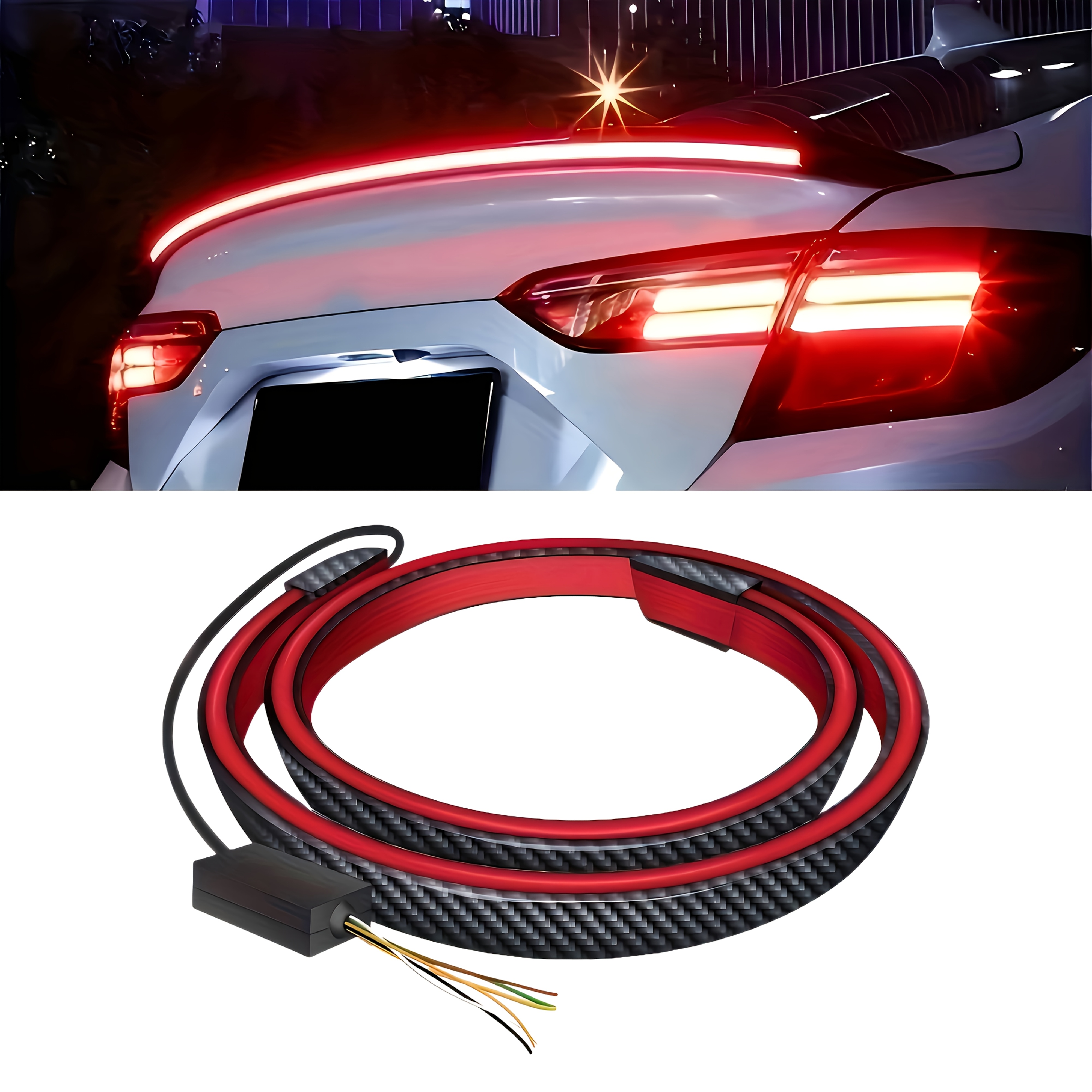 TEMU Bande lumineuse pour becquet de voiture, lumière décorative LED en fibre de , clignotant, éclairage pour aileron arrière, lumière néon fluide,