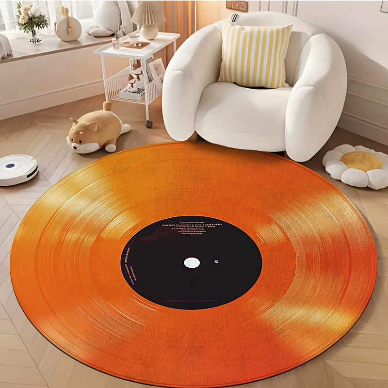 TEMU 1 tapis rond en vinyle orange avec motif de disque, lavable en machine, idéal pour salon, chambre, bureau, salle de bain, patio, entrée,