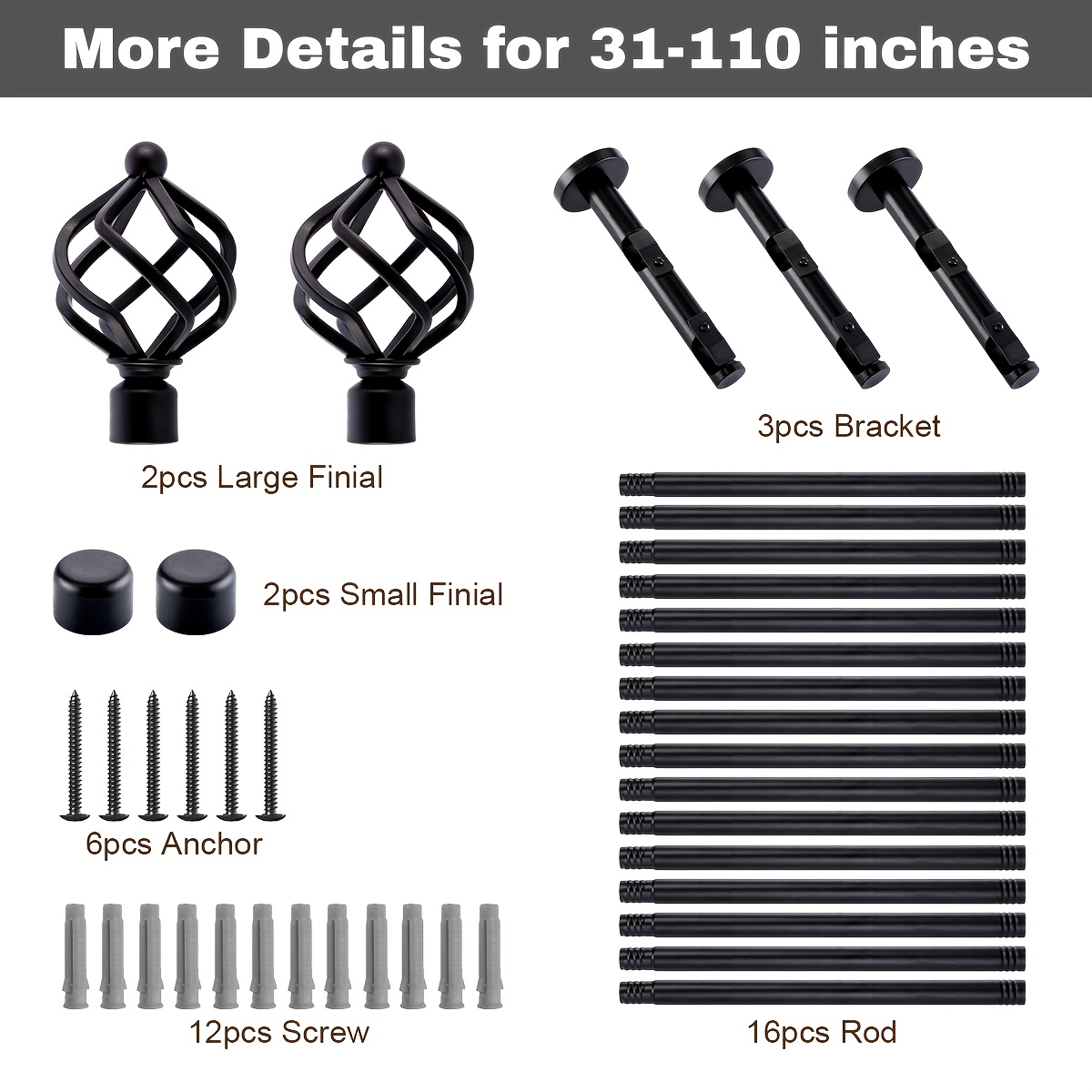 Black Mesh-tip Curtain Rod | Adjustable Rod, Sleek For Modern Home Windows
