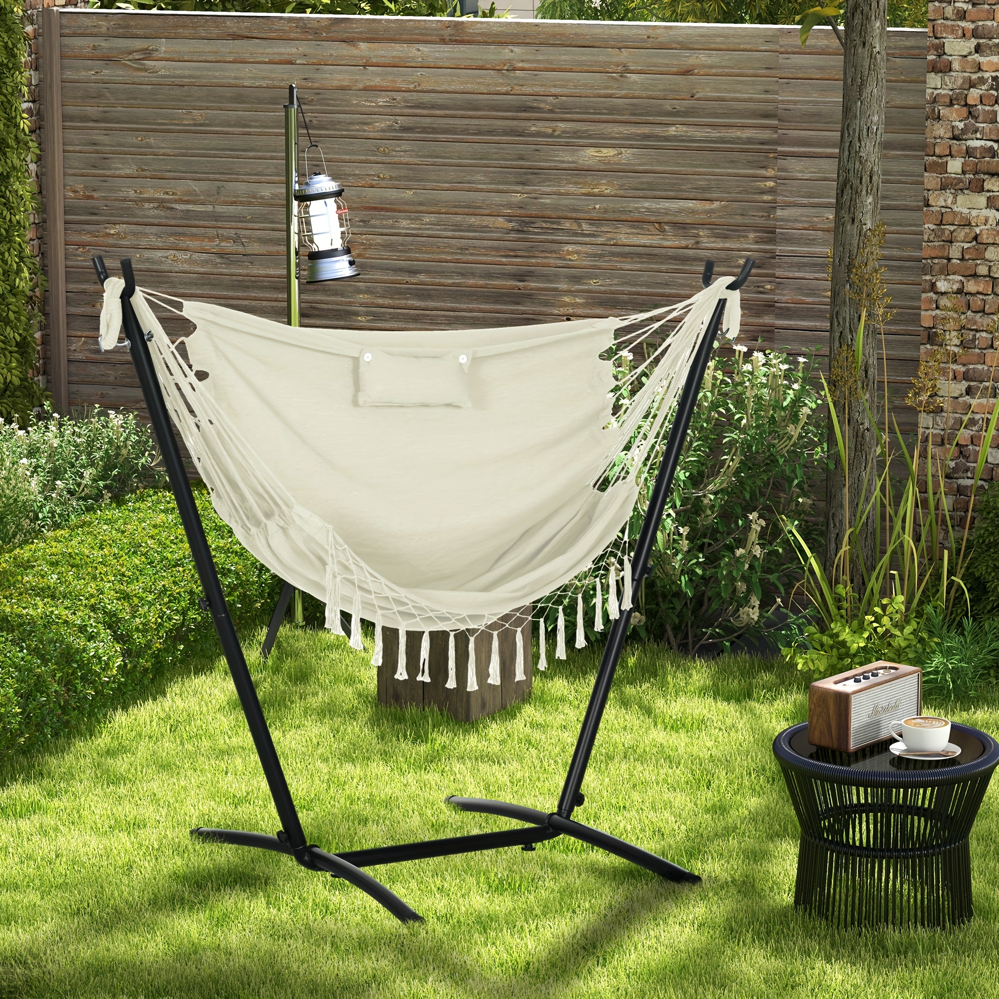 

Patio Hammock Chair With Stand, Outdoor Hammock Swing Hanging Lounge Chair With Side Pocket And Headrest, Cream White