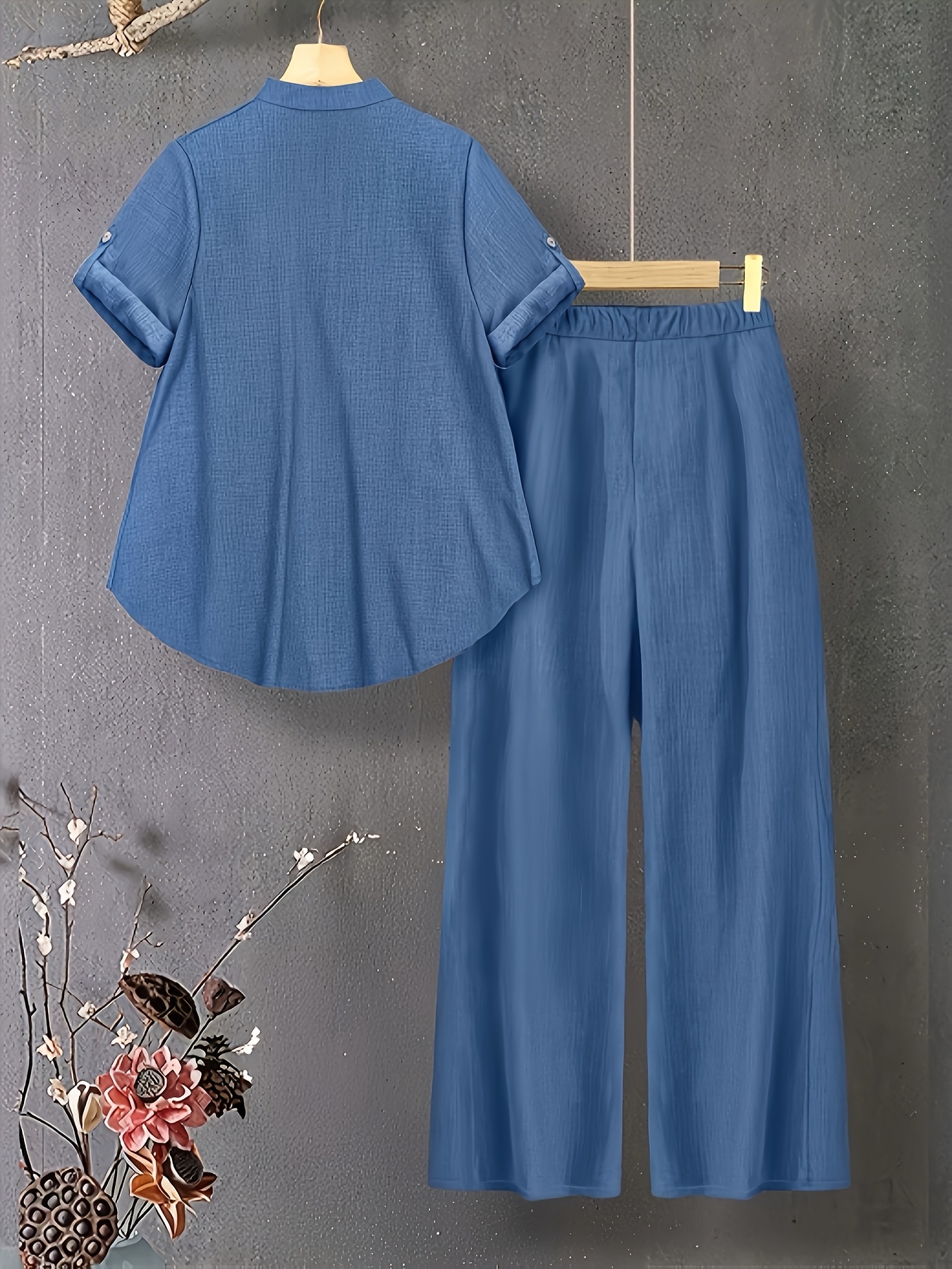 New V-neck Button-detail Short-sleeve Top with Elastic Waist and Side Slant Pockets Women's Set