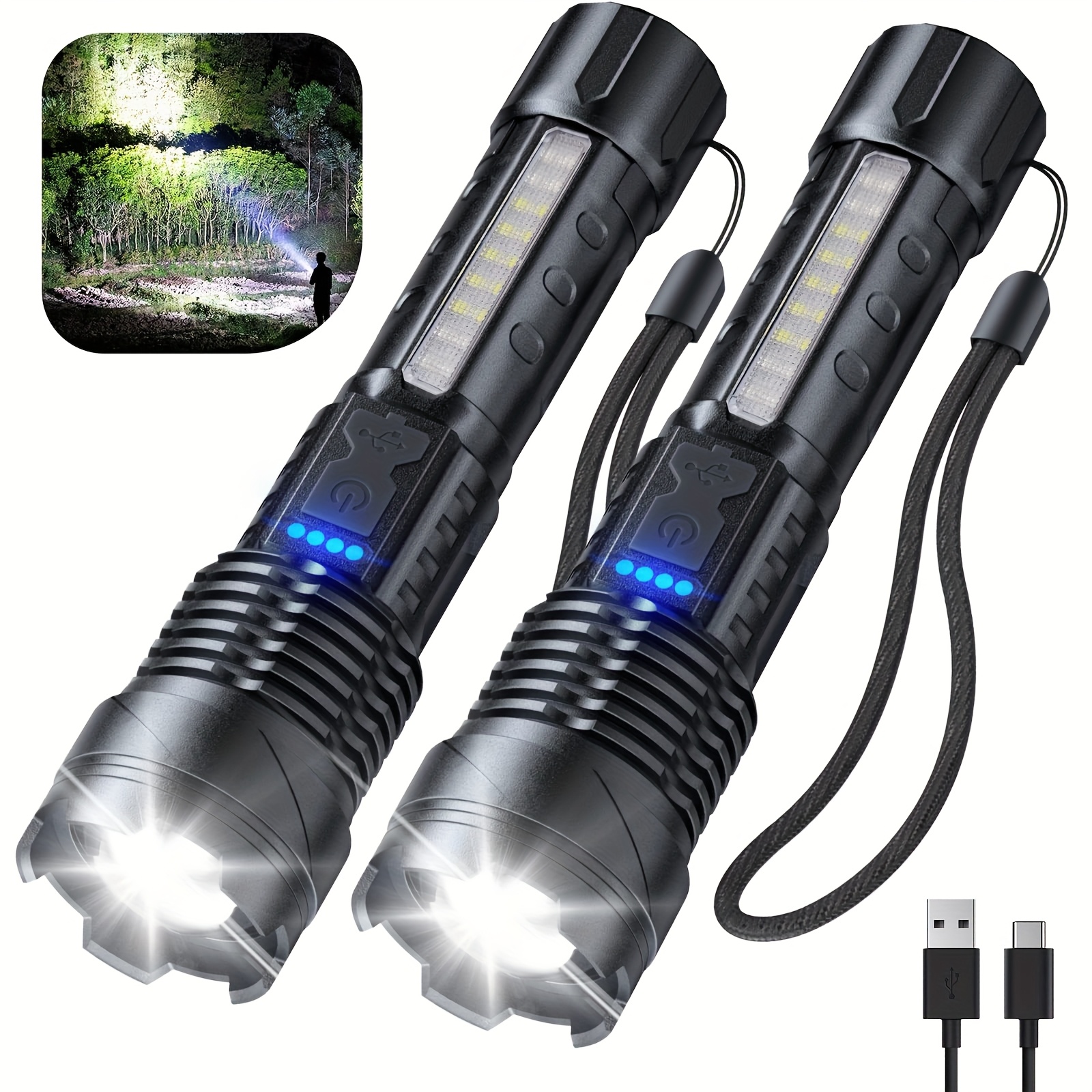 TEMU 2pcs Rechargeable Flashlight, Led Flashlight, 6 Lighting , Powerful Handheld Flashlight, Suitable For Camping, Home, Emergency
