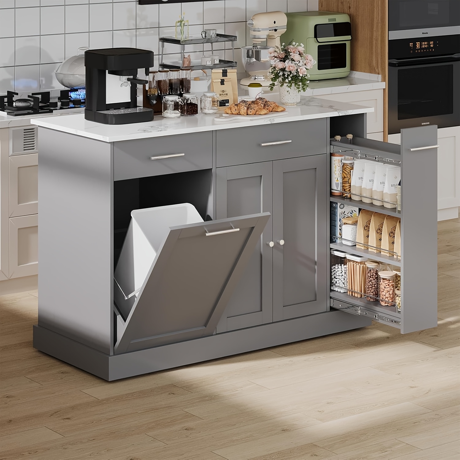     mobile kitchen island cart with marble wooden countertop rolling storage island on wheels with spice rack and drawers freestanding utility trolley for home kitchen apartment