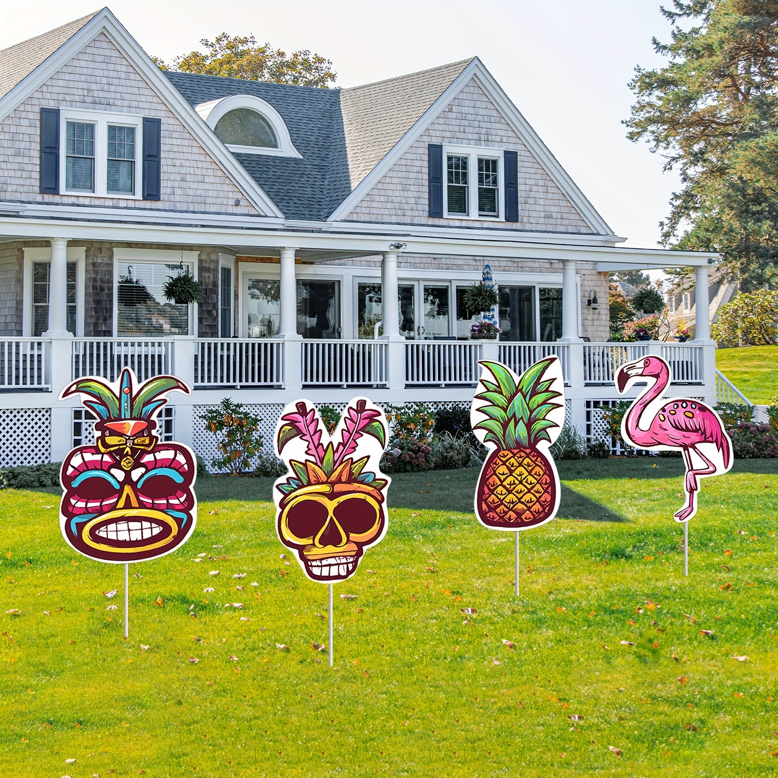 

4-piece Aloha Garden Stake Set: Summer Outdoor Decor - Hawaiian Theme Garden Stakes With Garden Sticks - Flamingo, Pineapple, , And Masks - Perfect For Tropical Parties, Beaches, And Gardens