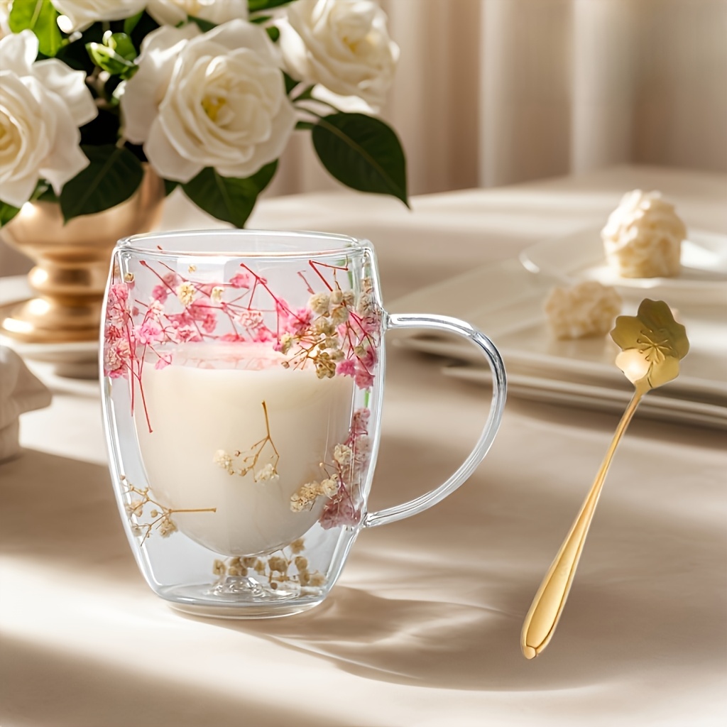 

2pcs Tasses en Verre à Double Paroi Appétissantes avec Vraies Fleurs - Parfaites pour & , Durables & Élégantes, Tasse à Café en Verre, Double Couche, Anti-Brûlure, , Cadeau de Thanksgiving