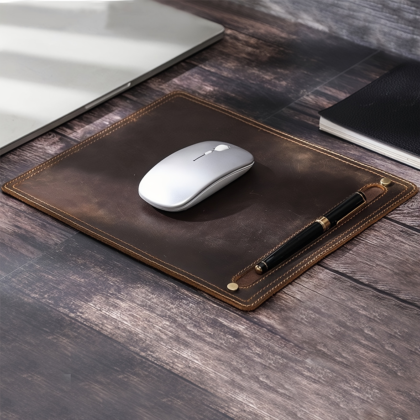 Handcrafted Top-grain Cowhide Mouse Pad - 27.94x22.86 cm Non-slip Genuine Dermis Office Mat with Pen Slot, Ergonomically Designed Computer Accessory Suitable for Office and Study Environments.