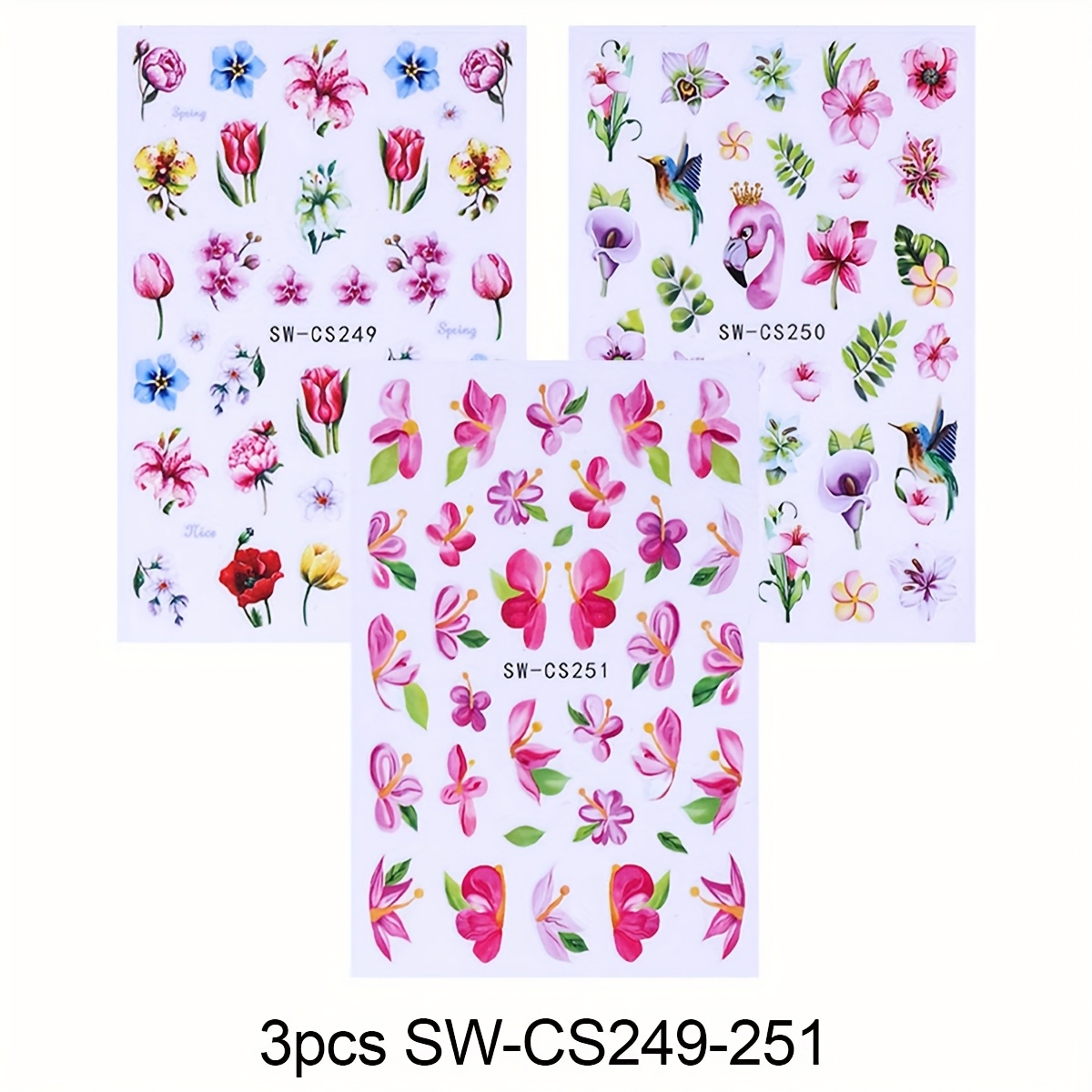 3 Sheets Flamingo Hibiscus Nail Stickers 3d Vibrant Plants Manicure Decals Diy Nail Art Decoration