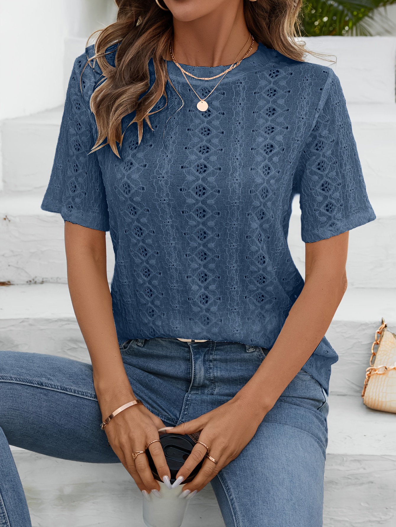Eyelet Embroidered Crew Neck T-shirt, Casual Short Sleeve Top For Spring & Summer, Women's Clothing